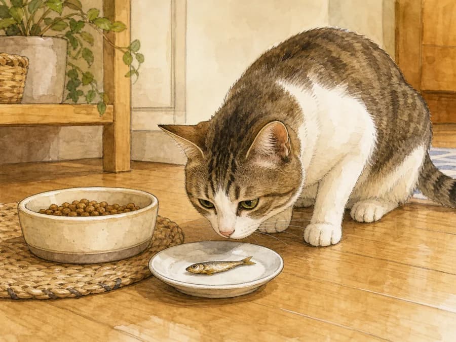 A cautious cat sniffing a tiny dried fish treat beside its regular food bowl
