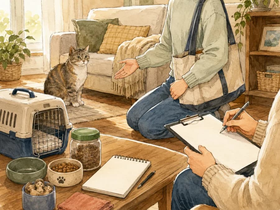 A cat sitter meeting a cautious cat in a calm living room before travel