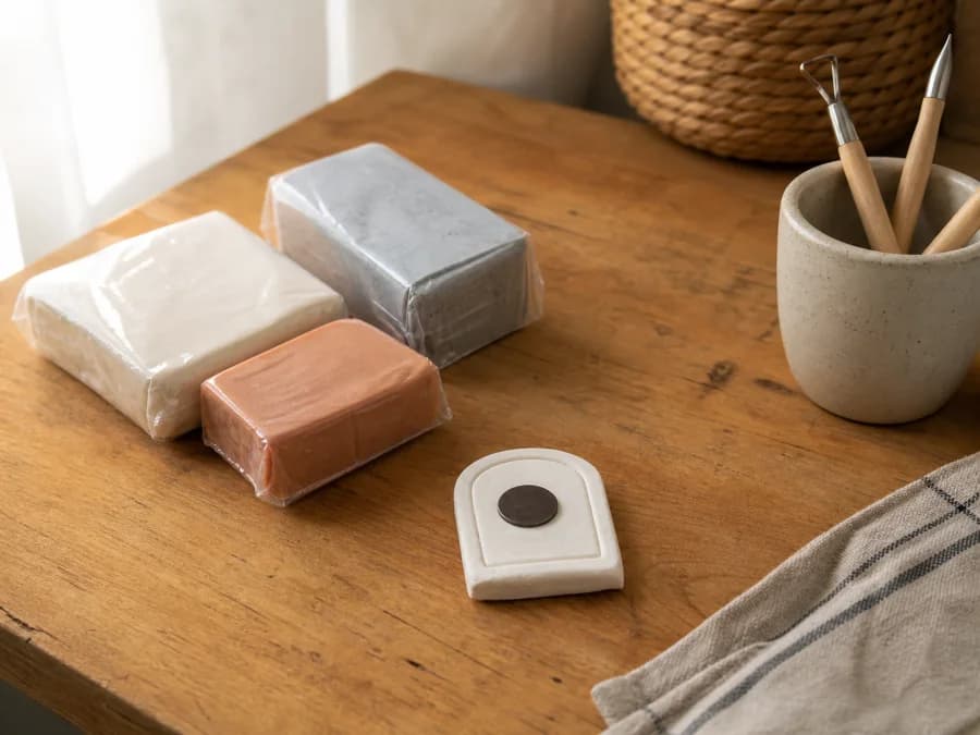 Wrapped white, grey, and terracotta clay blocks beside a small clay magnet and tools