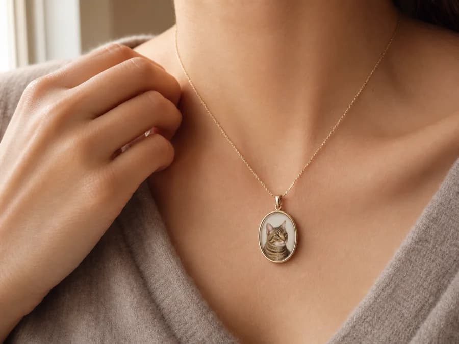 Person wearing an oval gold pendant with a tabby cat portrait near the collarbone