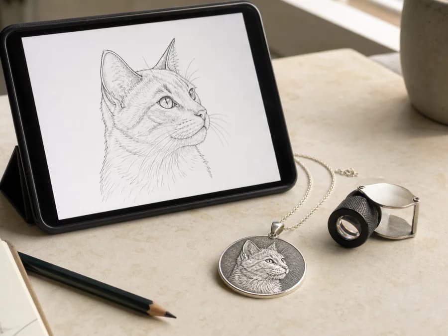 Tablet showing a line-art cat proof beside a finished engraved silver pendant and loupe