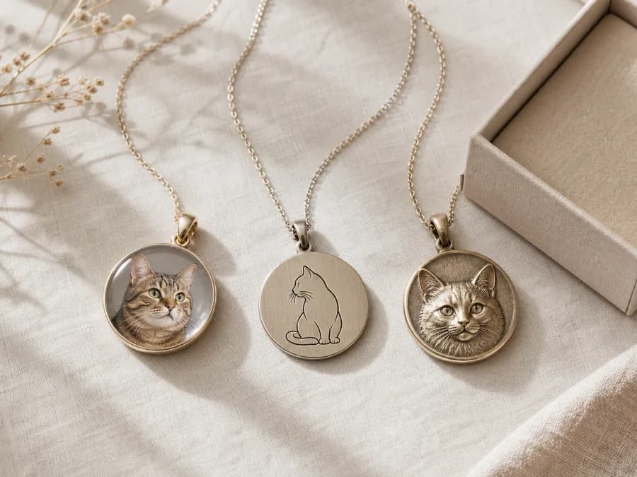 Flat-lay of three cat pendant styles beside a chain and an open gift box