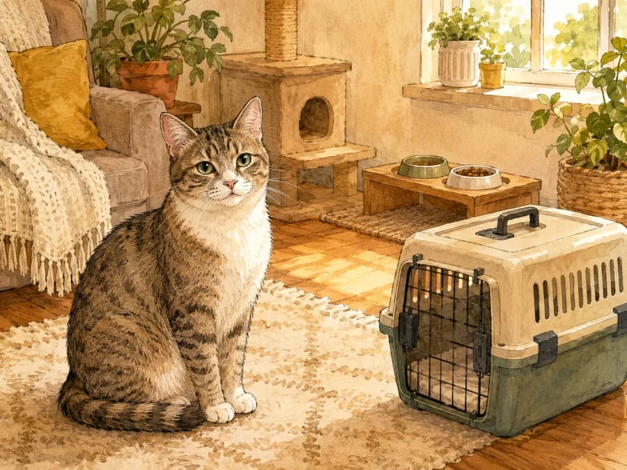 A calm cat at home with a carrier nearby, showing the choice between home care and boarding