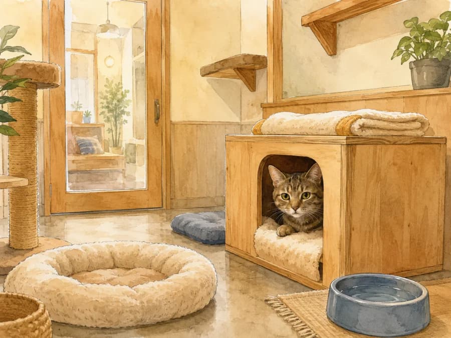 A quiet cat boarding room with a hiding box, water bowl, and clean bedding