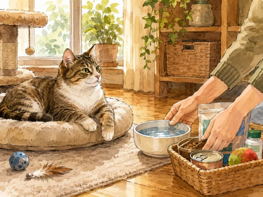 A relaxed cat staying at home while a sitter refreshes water and checks supplies without showing a face