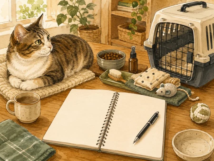 A cat care notebook with sitter questions beside a calm cat and travel carrier