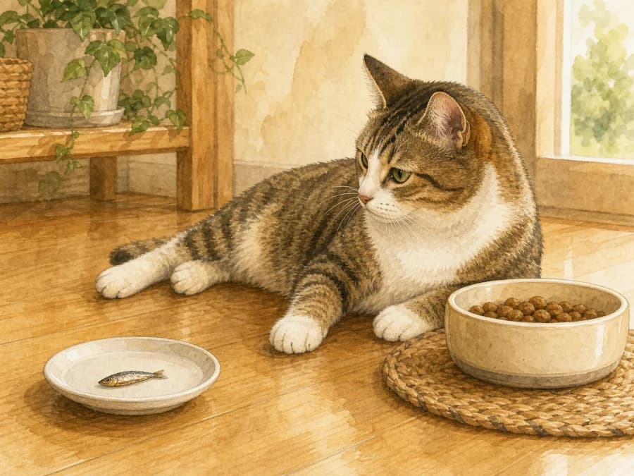 A cat ignoring a fish treat while watching a bowl of familiar food