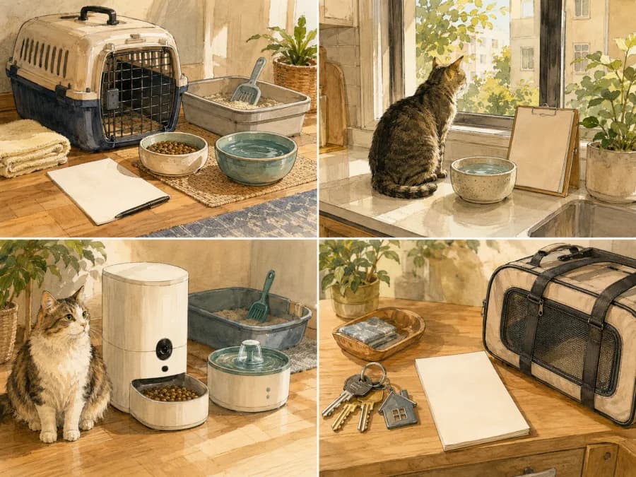 A prepared cat care station with food, water, litter scoop, and written notes
