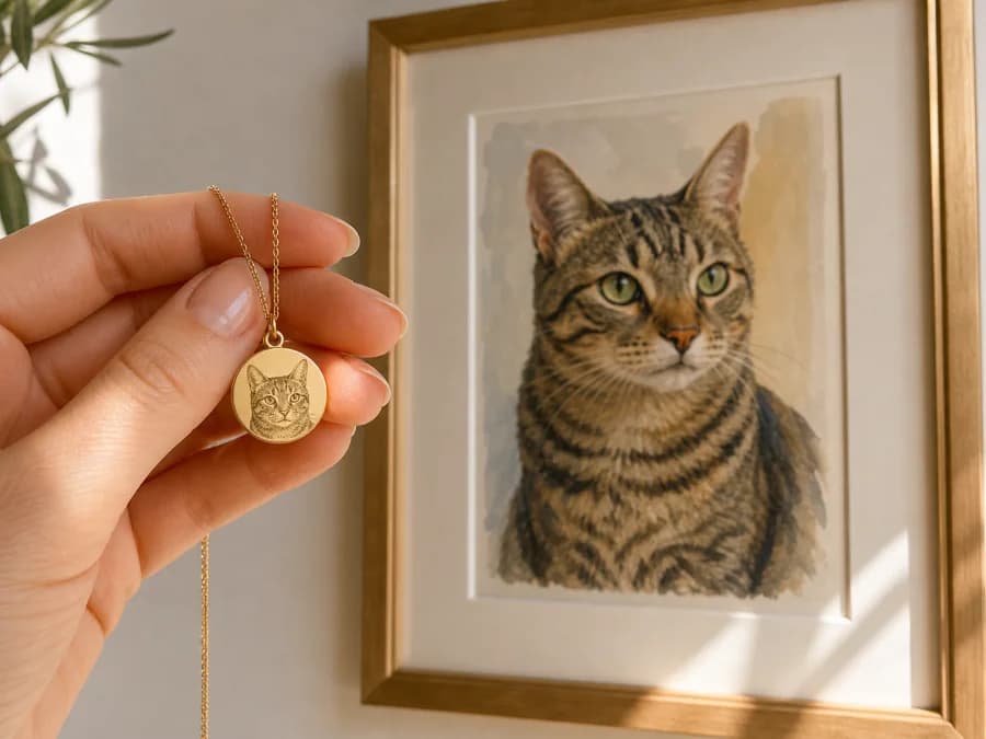 Framed cat portrait on a wall beside a hand holding a small engraved cat pendant