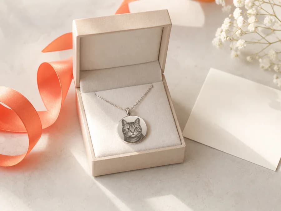 Open gift box with a cat portrait pendant on a chain, ribbon and blank card beside it