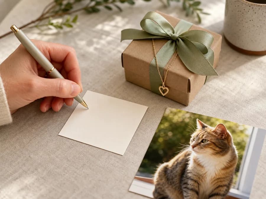 Hand writing a blank gift card next to a wrapped jewelry box and a cat photo