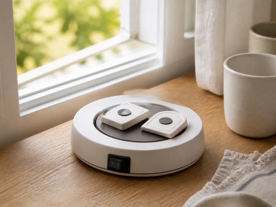 Clay magnets drying on a cup warmer near an open window