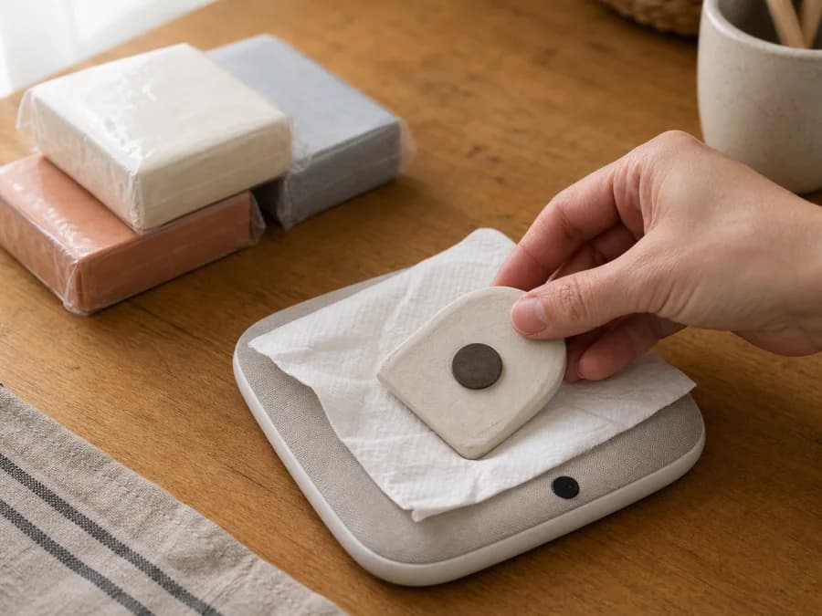 Hand flipping a half-dry clay magnet on a heating pad