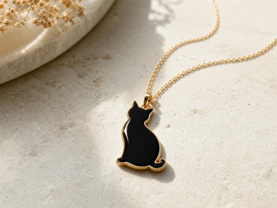 Black enamel cat silhouette pendant on a gold chain resting on pale stone