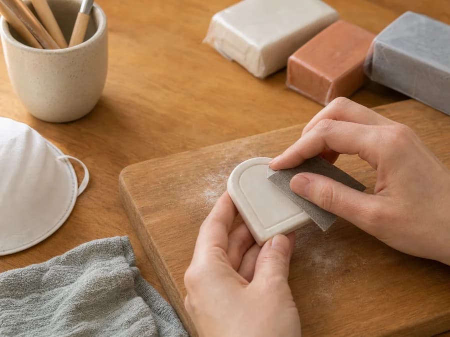 Hands sanding a white clay blank beside a dust mask and damp wipe