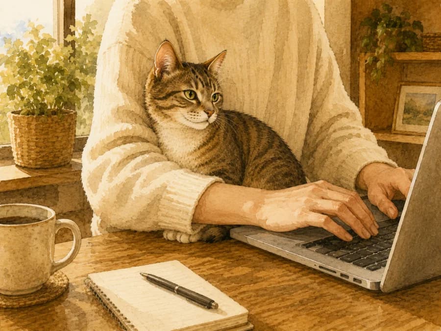 A clingy cat sitting close to a person working at home without showing the person's face