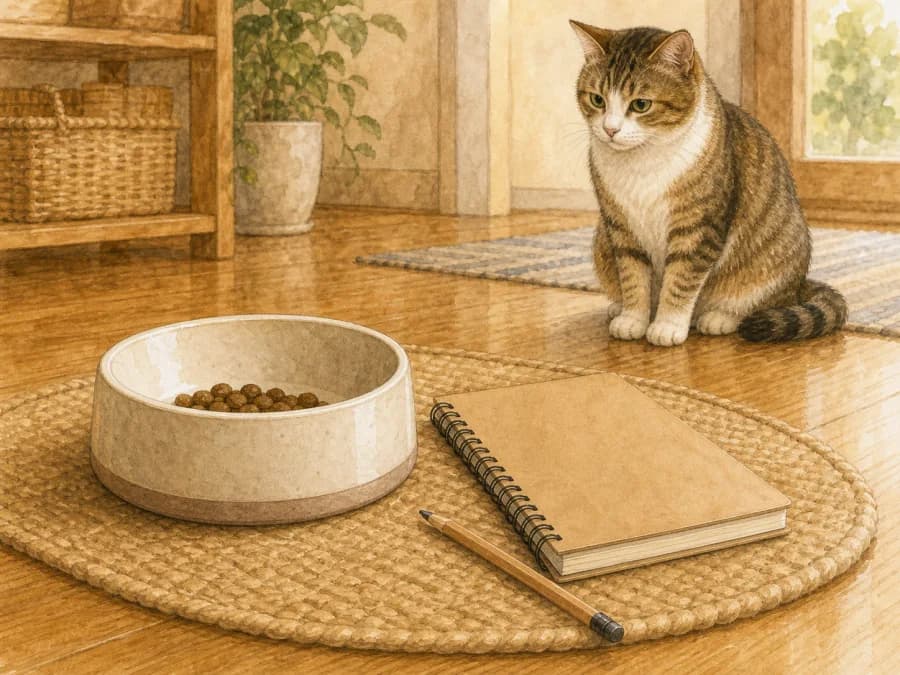 A concerned owner tracking a cat's food bowl without showing a face