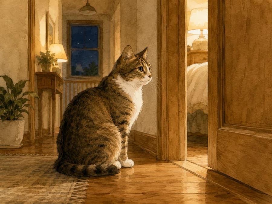 A cat sitting in a dim hallway at night while the bedroom door is partly closed