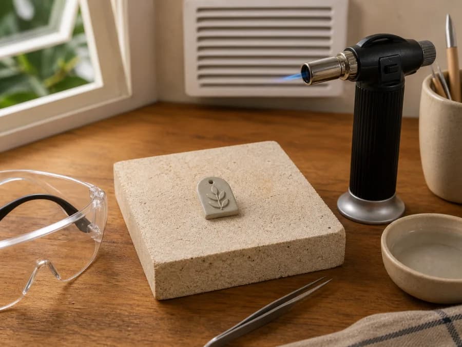 Home torch firing setup for a small silver clay pendant with safety gear nearby
