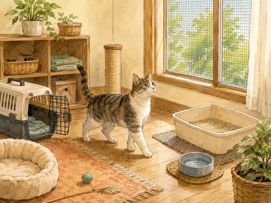 A calm cat adoption home setup with a carrier, litter box, and window screen check