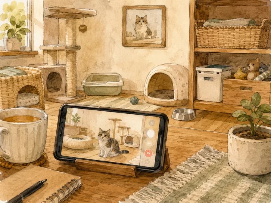 A phone on a table during a cat adoption video walkthrough with cat supplies visible