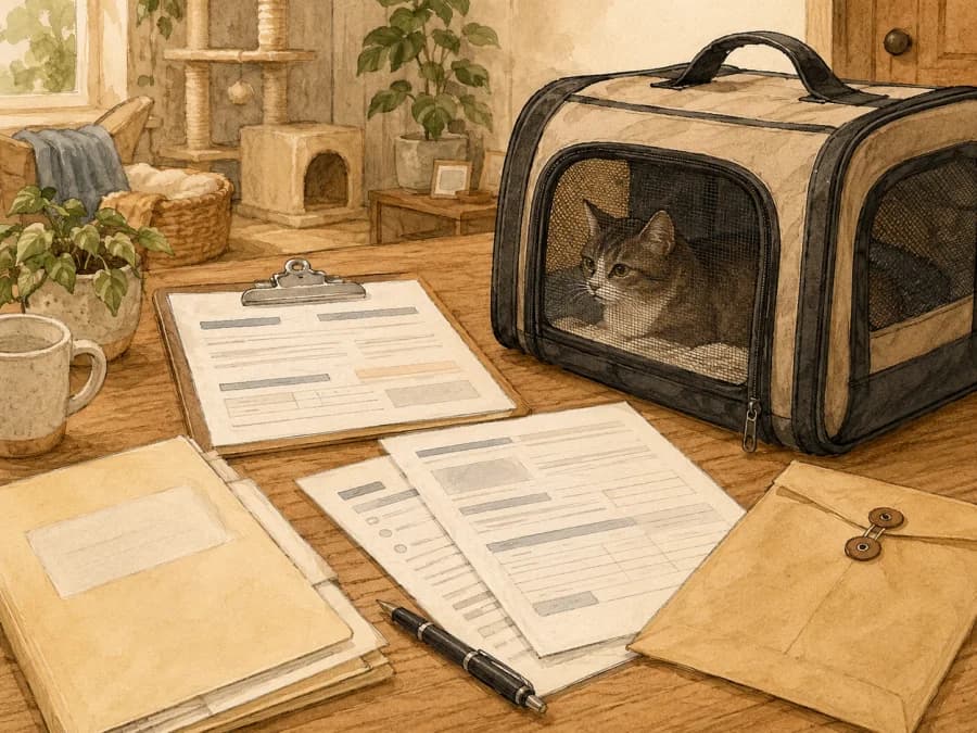Adoption application materials with sensitive details covered beside a calm cat carrier