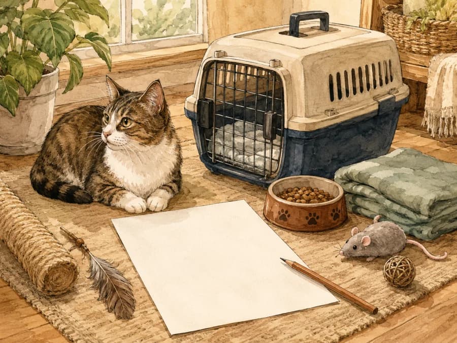 A calm adopter checklist with a cat carrier and starter supplies, with no readable text