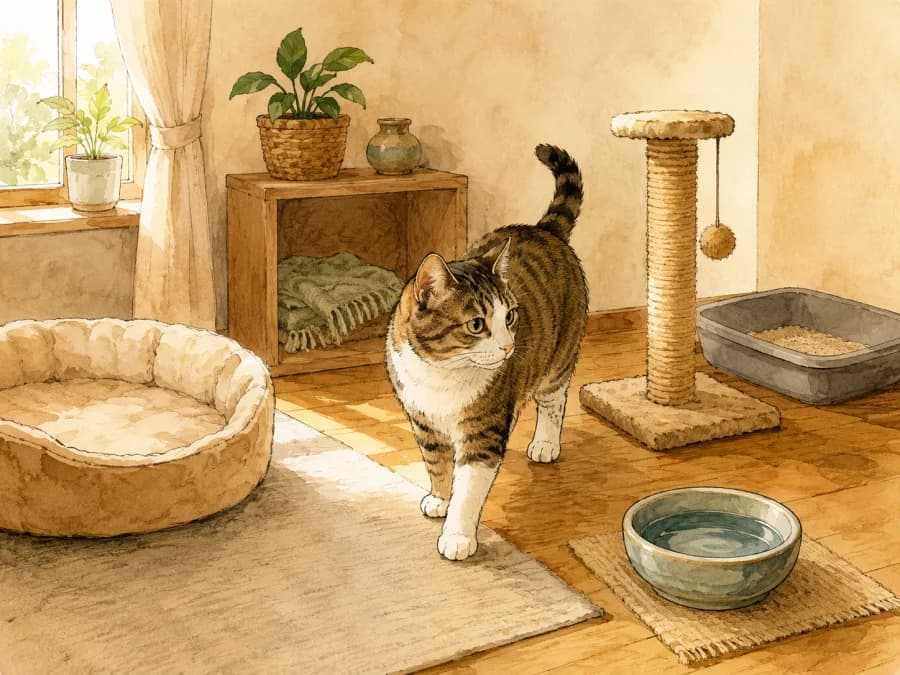 An adult cat calmly exploring a quiet starter room with a bed, litter box, and water bowl