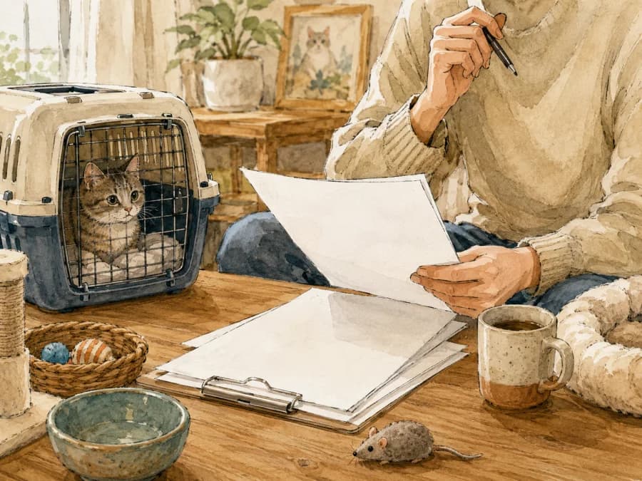 A person reviewing cat adoption paperwork beside a carrier without visible personal details