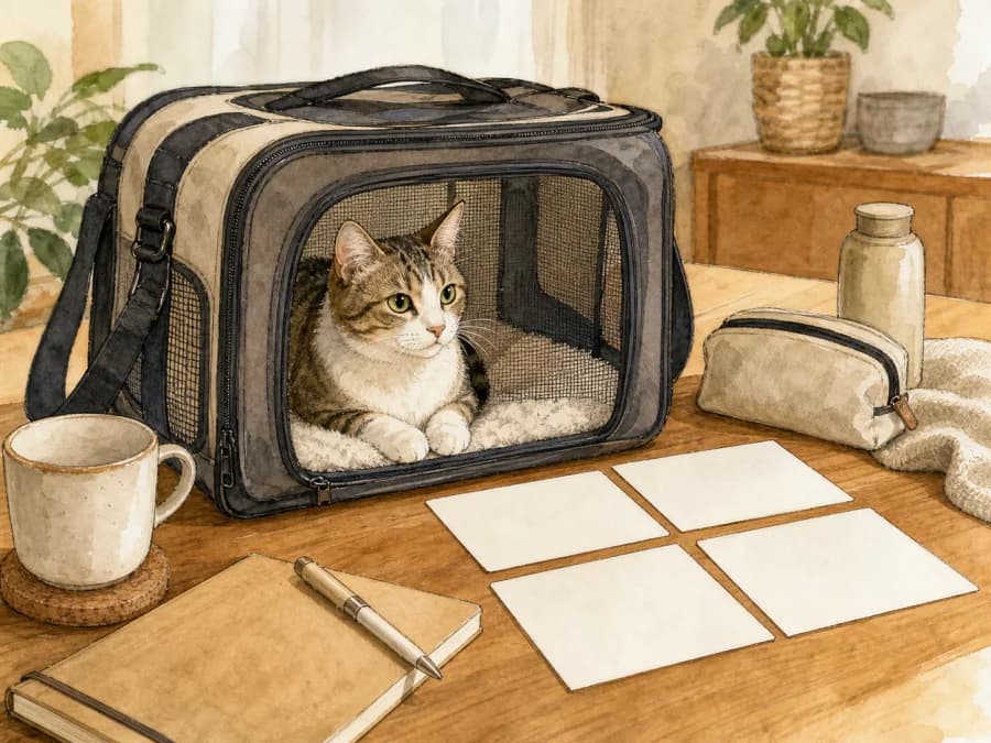 Cat in an airline carrier beside blank travel check cards for exact flight policy planning