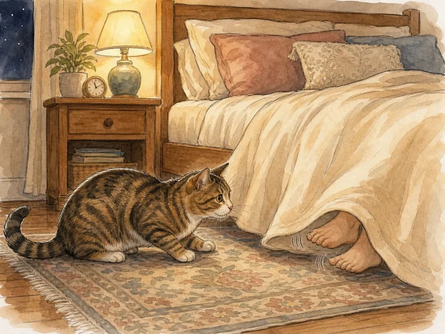 Curious tabby cat watching feet move under a blanket at night