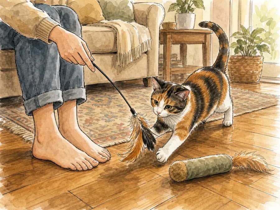 Cat redirected from feet to a feather wand toy during calm indoor play