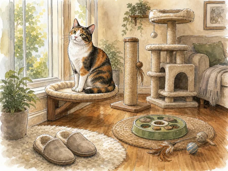 Cat-friendly home setup with window perch scratching post toys and slippers left alone