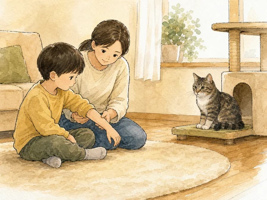 Adult supervising a child and cat in a calm living room after a bite incident