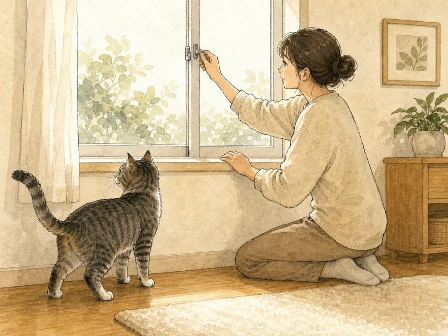 Restless cat near a secured window during heat