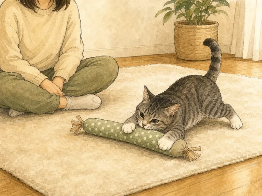 Cat redirecting biting energy onto a plush kicker toy