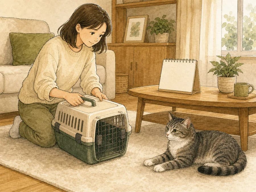 Owner preparing a carrier for a future spay or neuter appointment