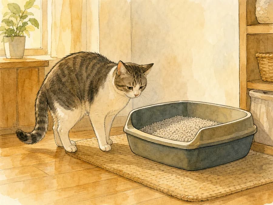 Cat hesitating beside an open litter box