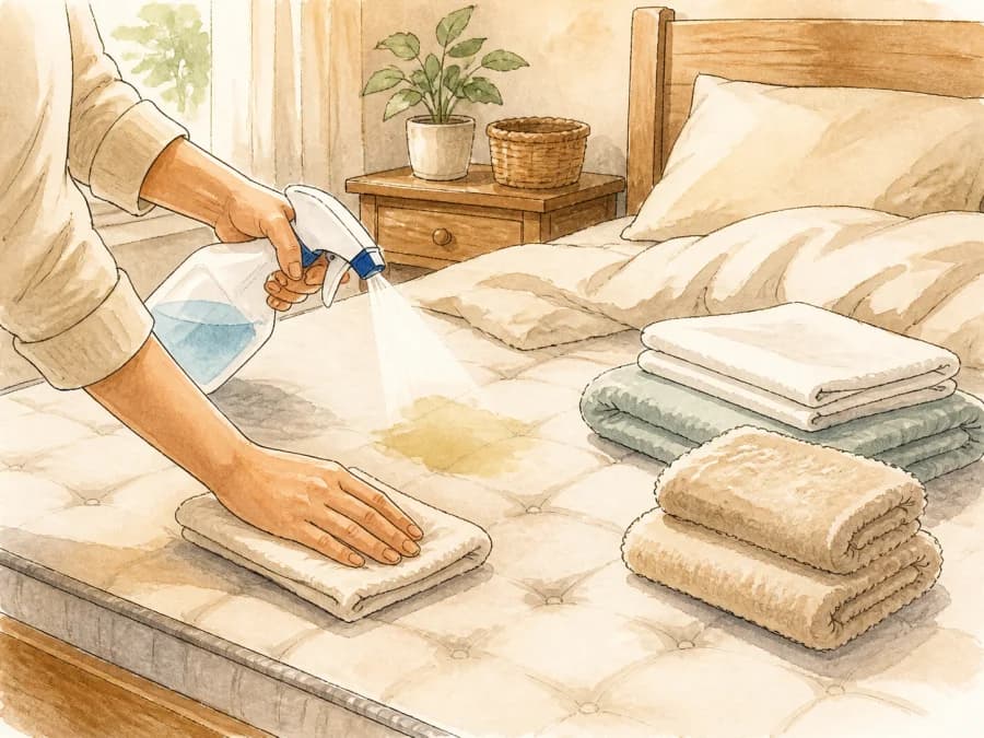 Hands cleaning bedding with enzymatic cleaner