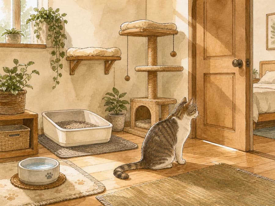 Quiet litter box setup in a calm room