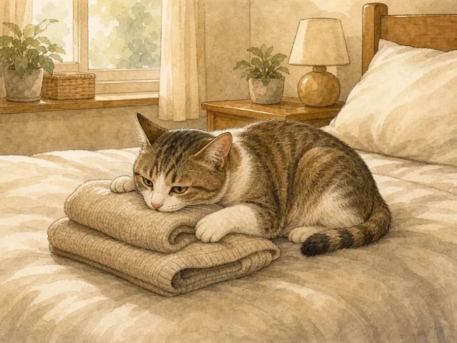 Cat resting against a familiar sweater on the bed