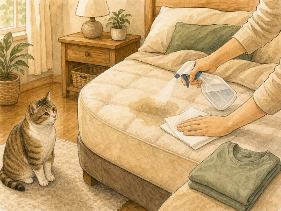Hands cleaning a mattress with enzyme spray beside a calm cat