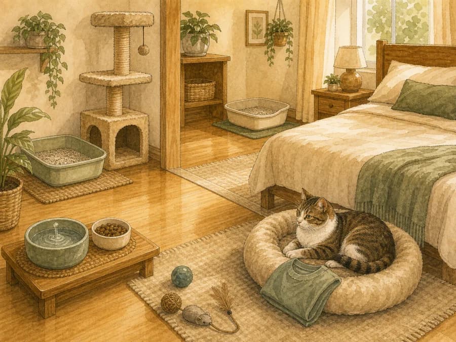 Cat-friendly bedroom with litter boxes and cozy resting spots
