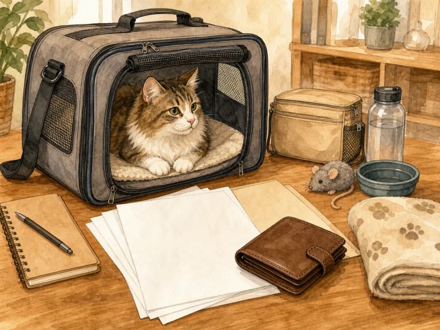 Cat in a travel carrier beside blank receipts and supplies for pet fee planning