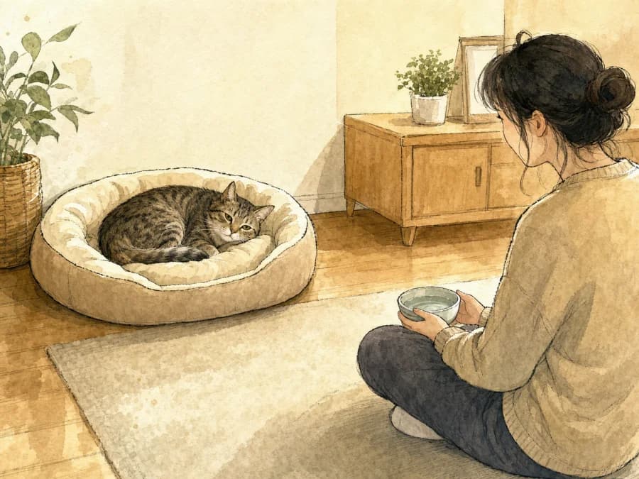 Female cat resting quietly in a cozy recovery area after spay surgery