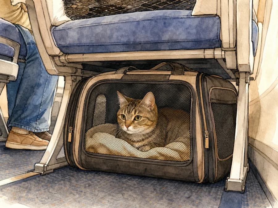 Cat resting in an airline carrier under an airplane seat during cabin travel