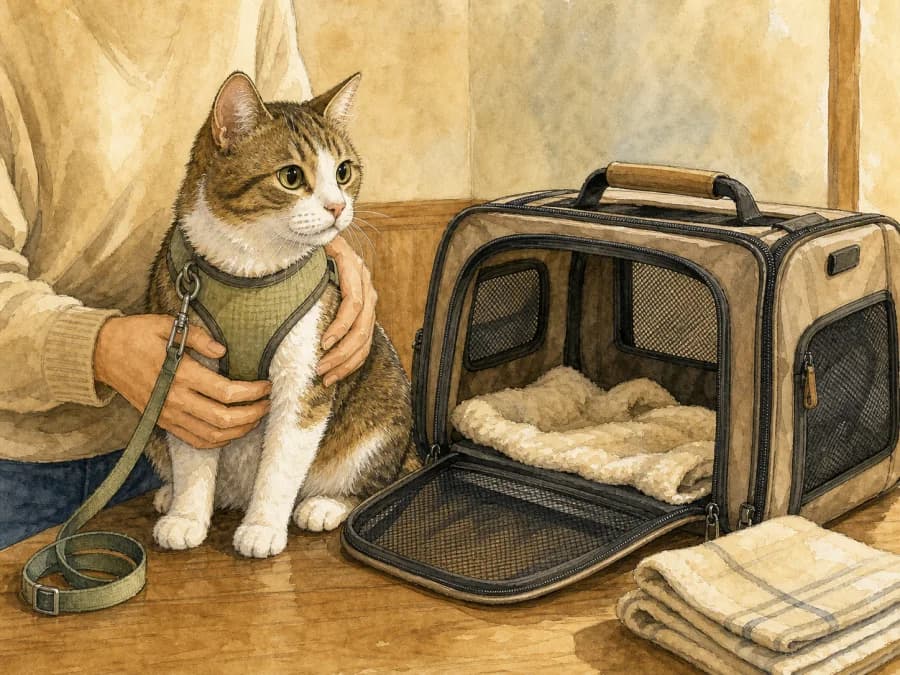 Harnessed cat calmly handled beside an open carrier during private airport screening