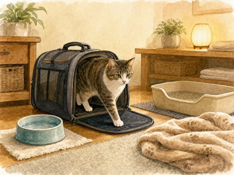 Cat stepping out near a carrier with water, blanket, and litter setup after travel