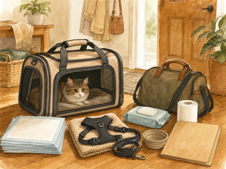 Cat carrier packed with airport-day supplies for flying with a cat in cabin