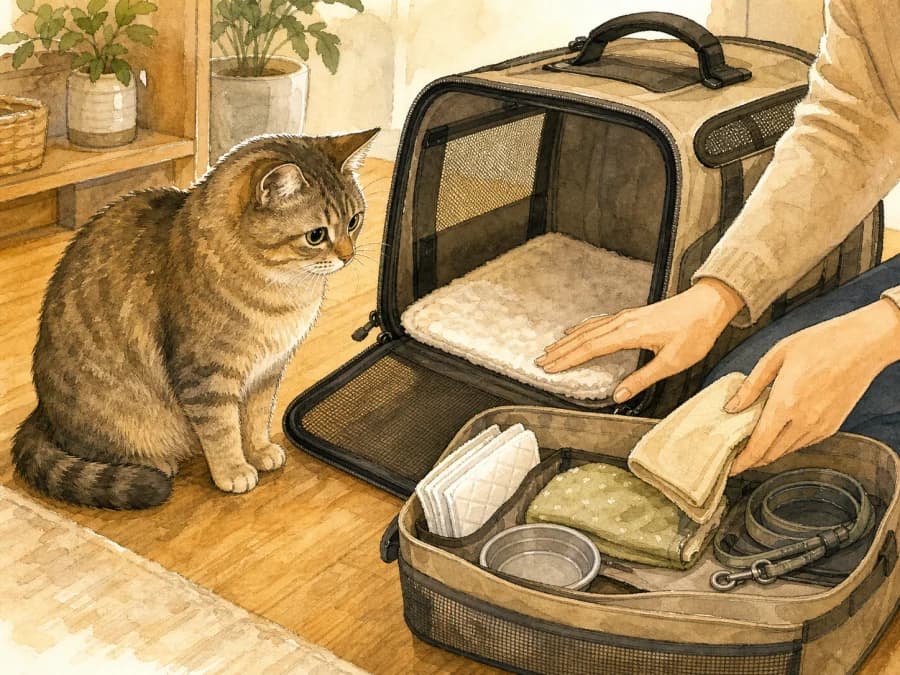 Cat near an open carrier while travel supplies are checked for a flight safety decision